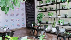 A modern indoor space with a variety of potted plants, a seating area with chairs and tables, and a wall with repeated branding. - Loft Legian Hotel (Legian)