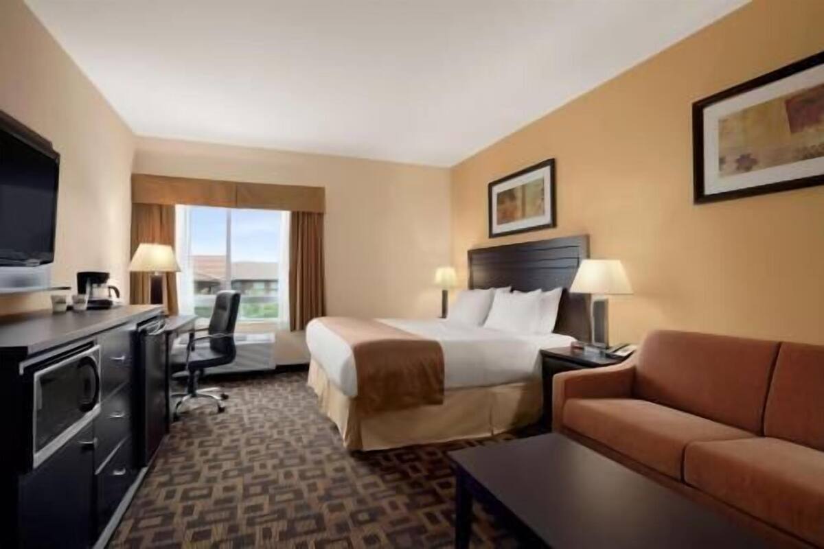 Habitación de hotel con cama, escritorio con silla, sofá, televisor y ventana.