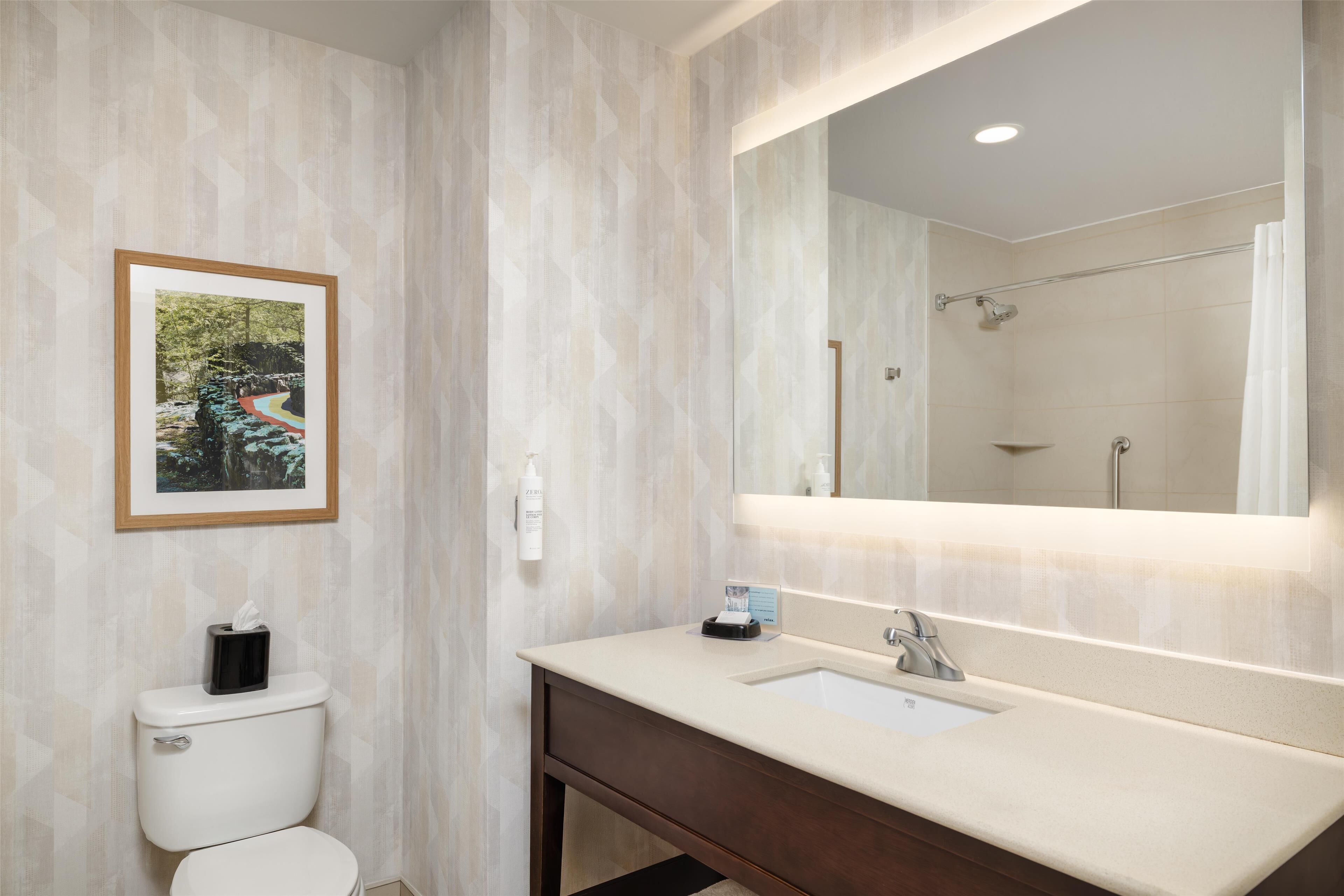 Un baño con inodoro, lavabo y espejo.