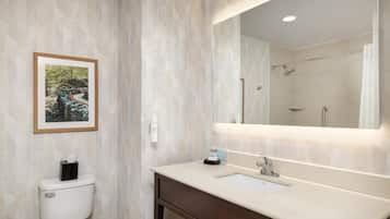 Un baño con inodoro, lavabo y espejo.