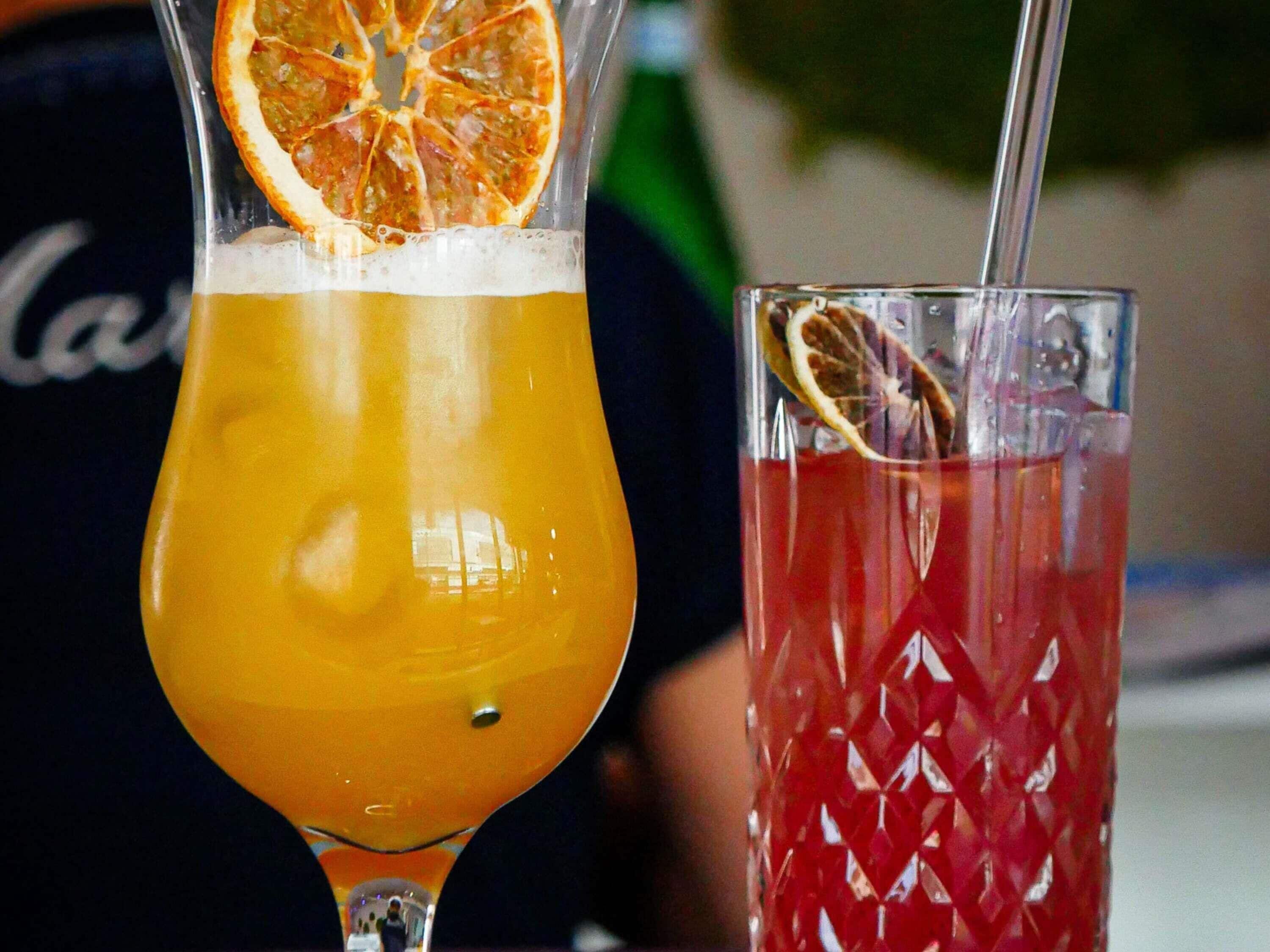 Two glasses of beverages, one with a clear liquid and the other with a red liquid, both with fruit garnishes.