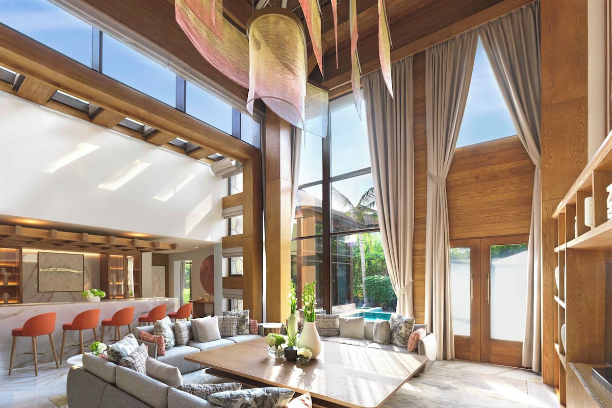 villa, 4 bedrooms, private pool, beachside (eden) | living area | 40-inch flat-screen tv with satellite channels, tv, ipod dock