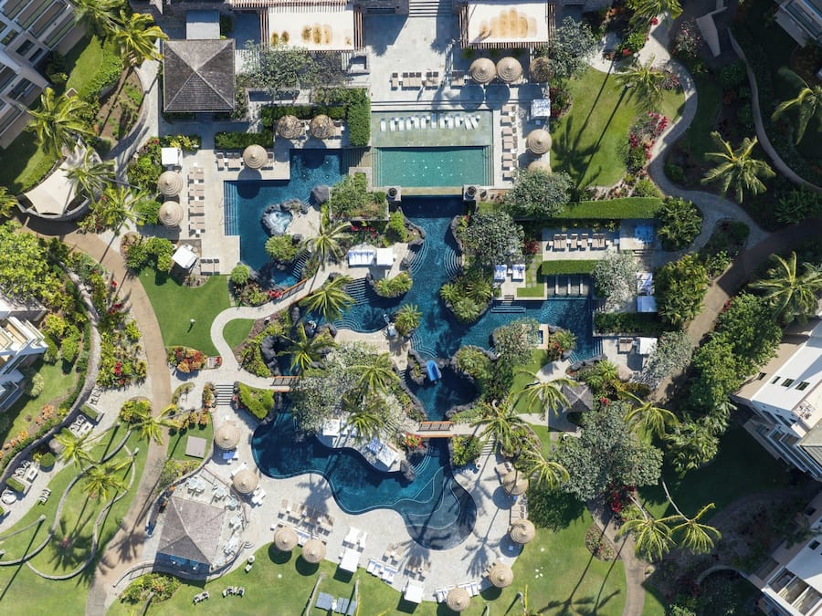 Outdoor pool, pool umbrellas, pool loungers