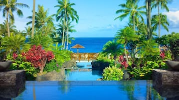 Alberca al aire libre, sombrillas en la alberca y camastros