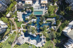 Outdoor pool, pool umbrellas, pool loungers