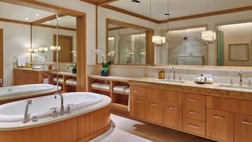 Separate bathtub and shower, rainfall showerhead, designer toiletries