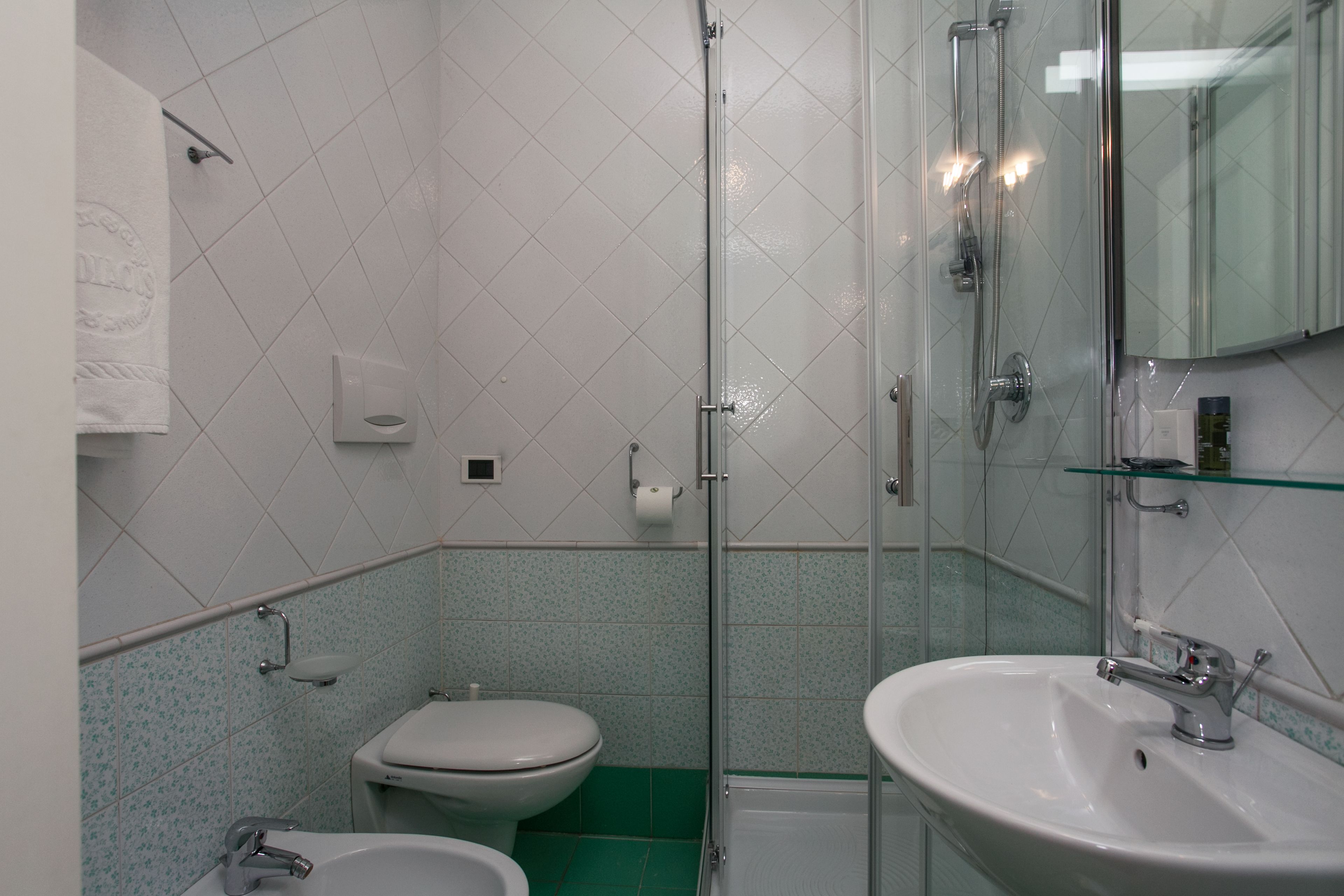 A bathroom with a toilet, a sink, and a glass-enclosed shower.