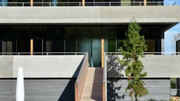 Stylish two-story building with a flat roof and large windows, featuring a minimalist design and a small garden area.
