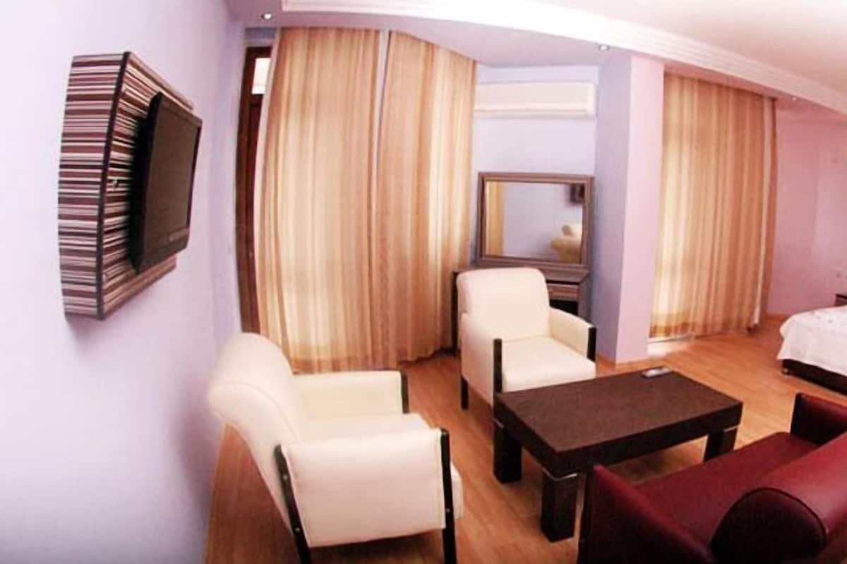 A hotel room with a bed, a desk, a chair, a sofa, and a TV mounted on the wall.