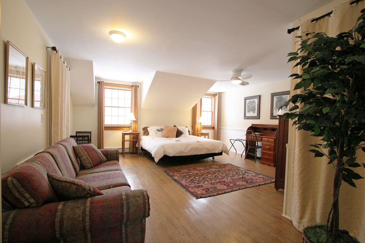 A bedroom with a bed, a sofa, a desk, a chair, and a potted plant.
