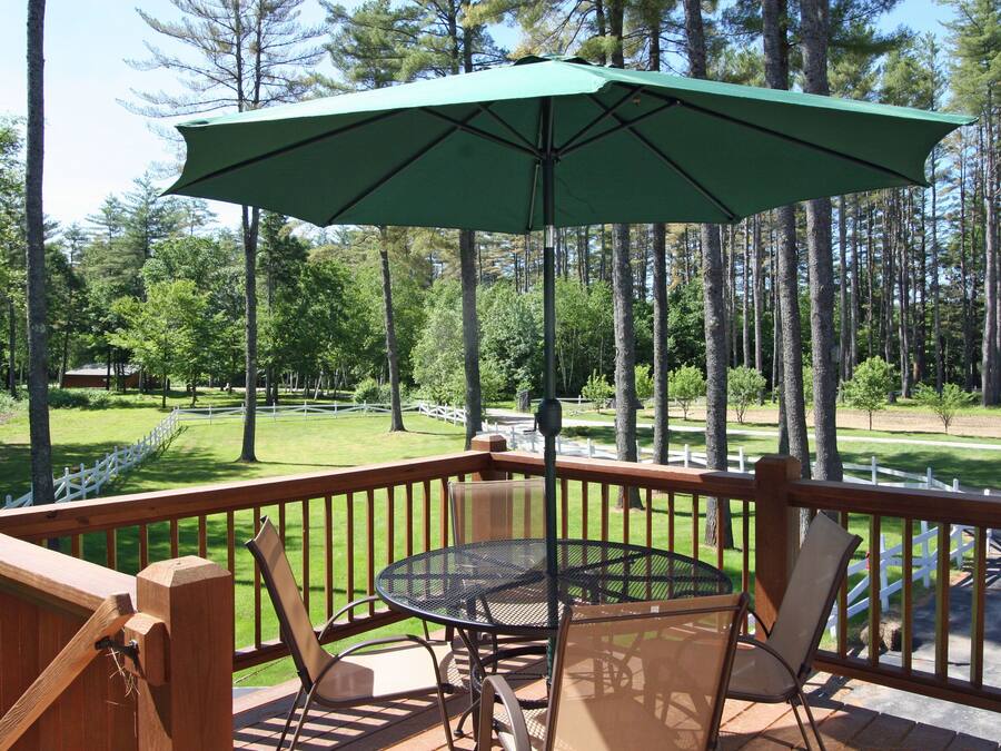 Eine Holzterrasse mit Tisch, Stühlen und Sonnenschirm, mit Blick auf einen Park mit Bäumen und einem weißen Zaun.