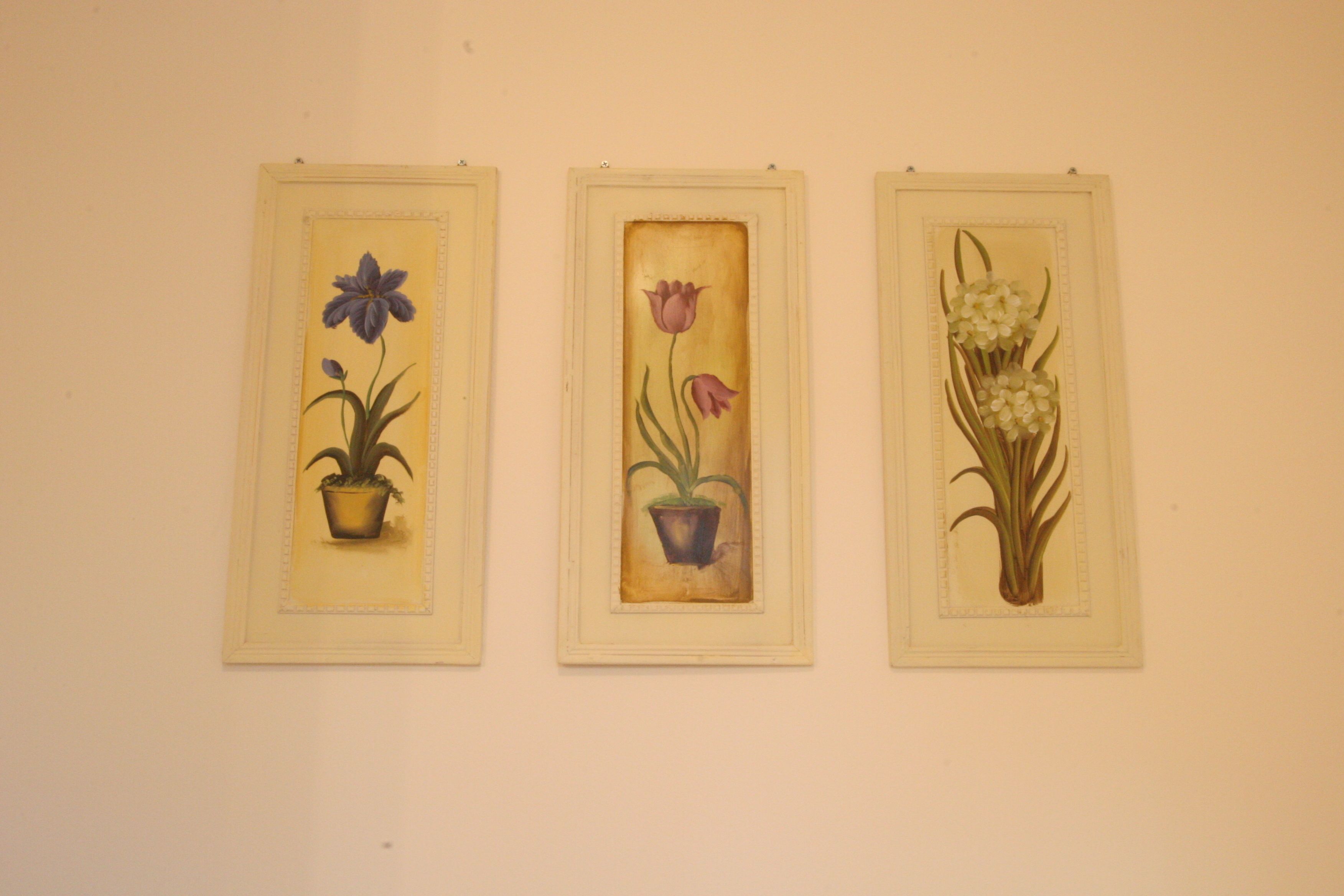 Tres ilustraciones botánicas enmarcadas sobre una pared.
