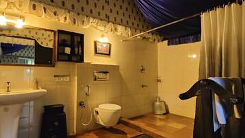 A bathroom with a sink, toilet, shower, and a mirror.