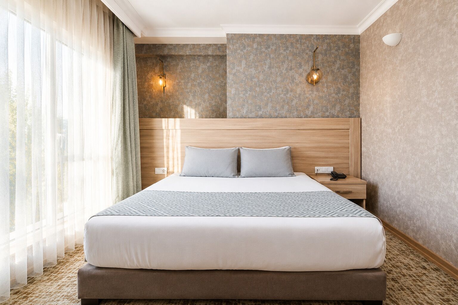 A hotel room with a large bed, two bedside lamps, a nightstand, and a window with sheer curtains.