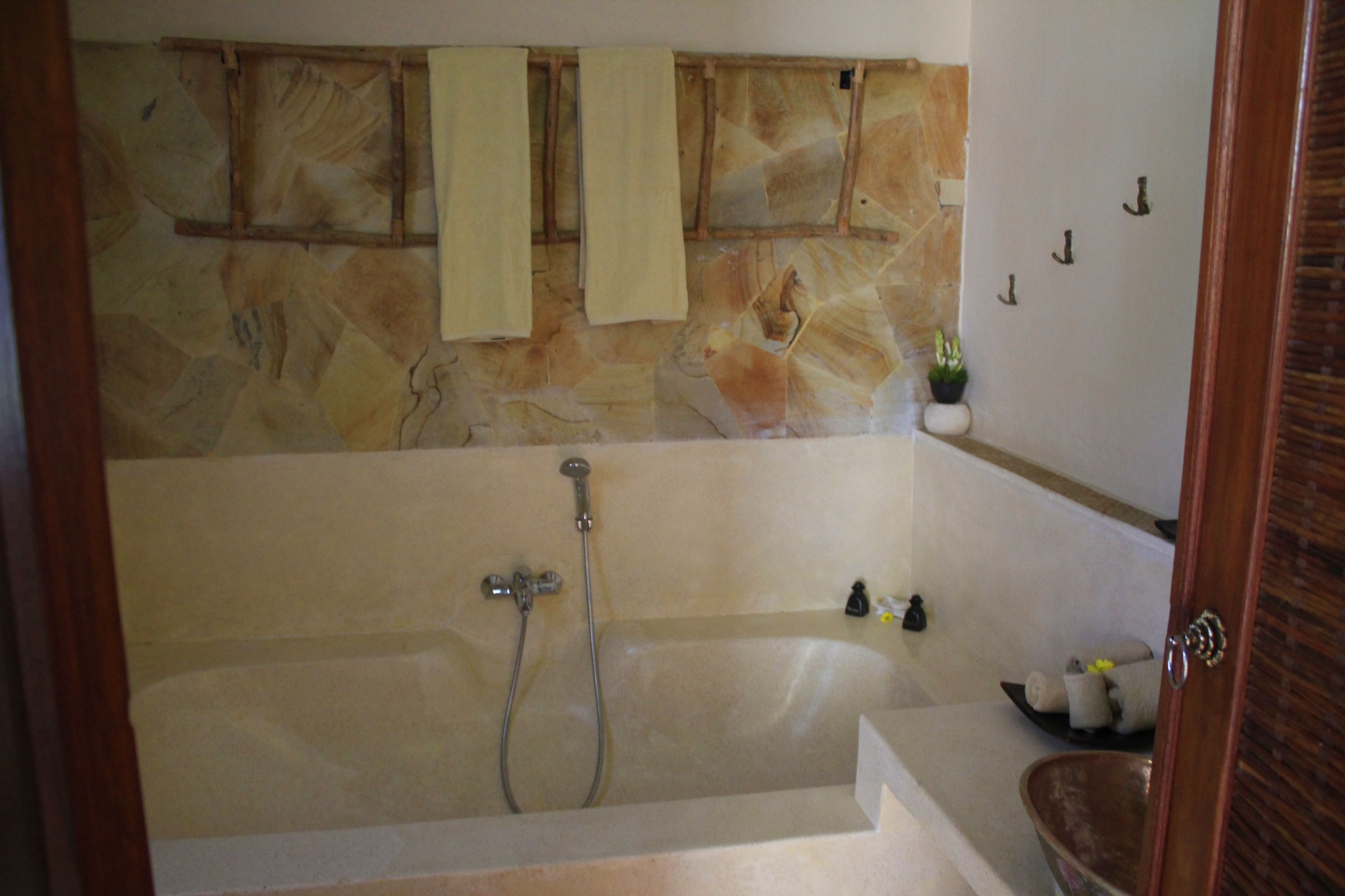 combined shower/bathtub, free toiletries, hair dryer, bathrobes