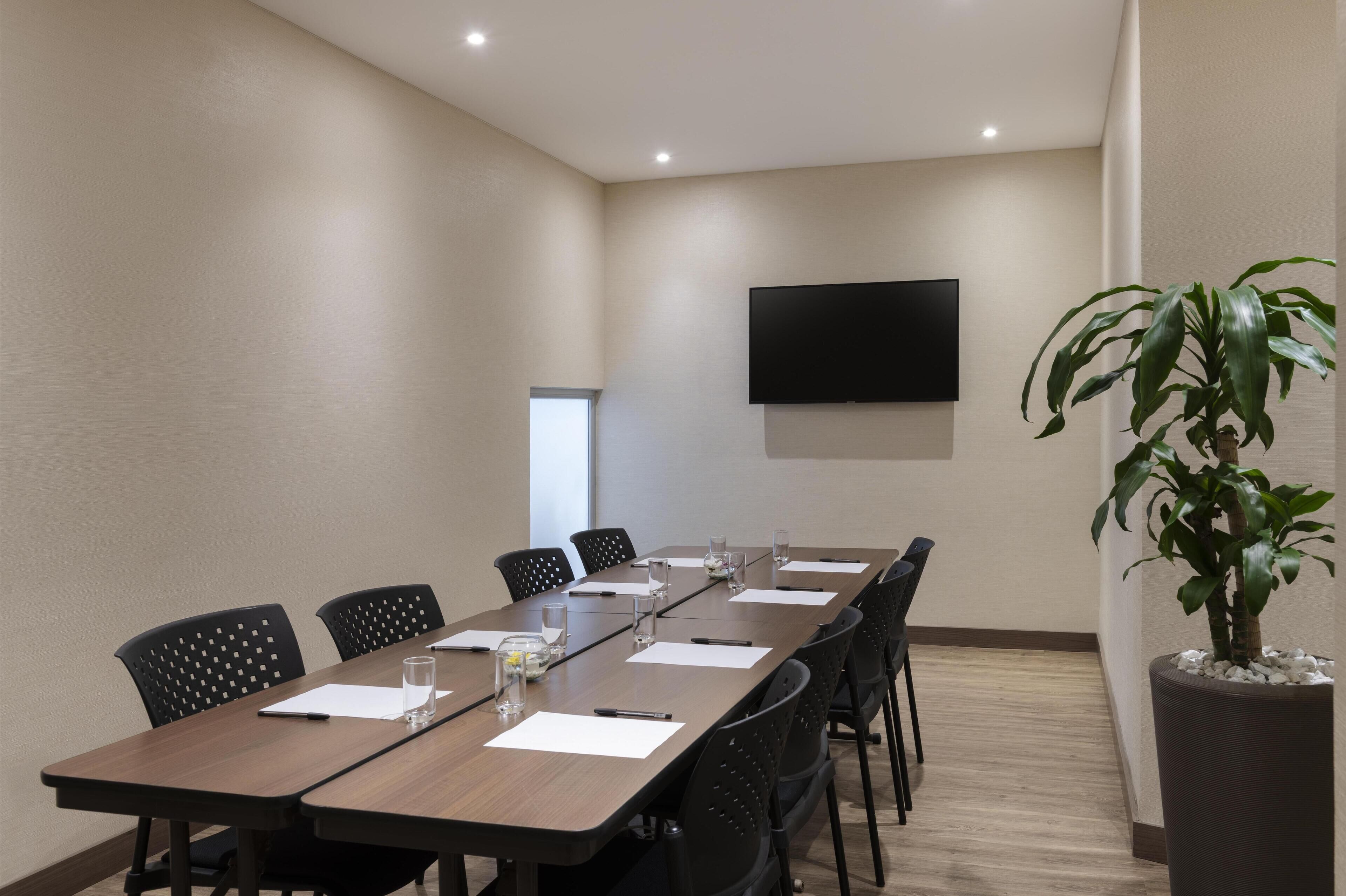 A conference room with a long table, black chairs, a flat-screen TV on the wall, and a potted plant.