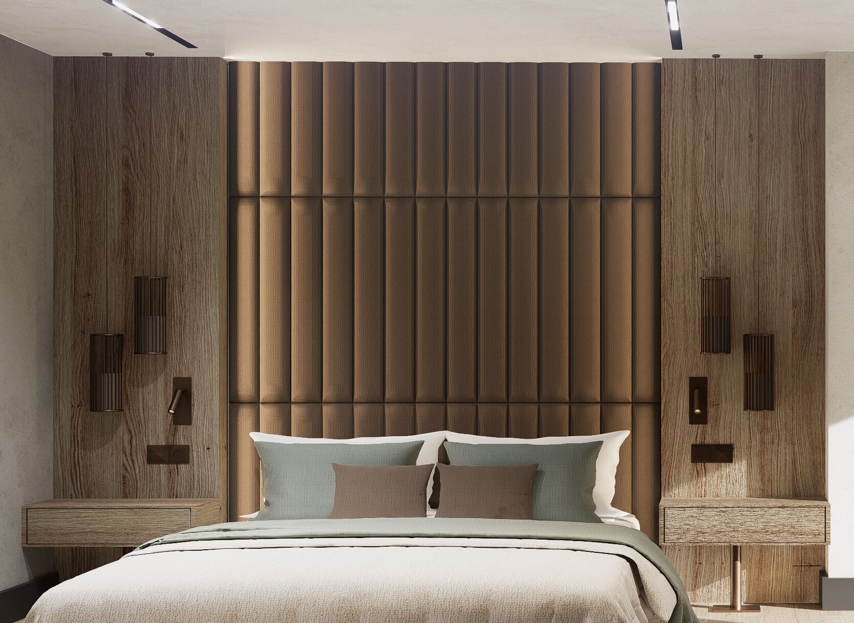 A modern bedroom with a wooden headboard, bedside tables, and a bed with pillows.