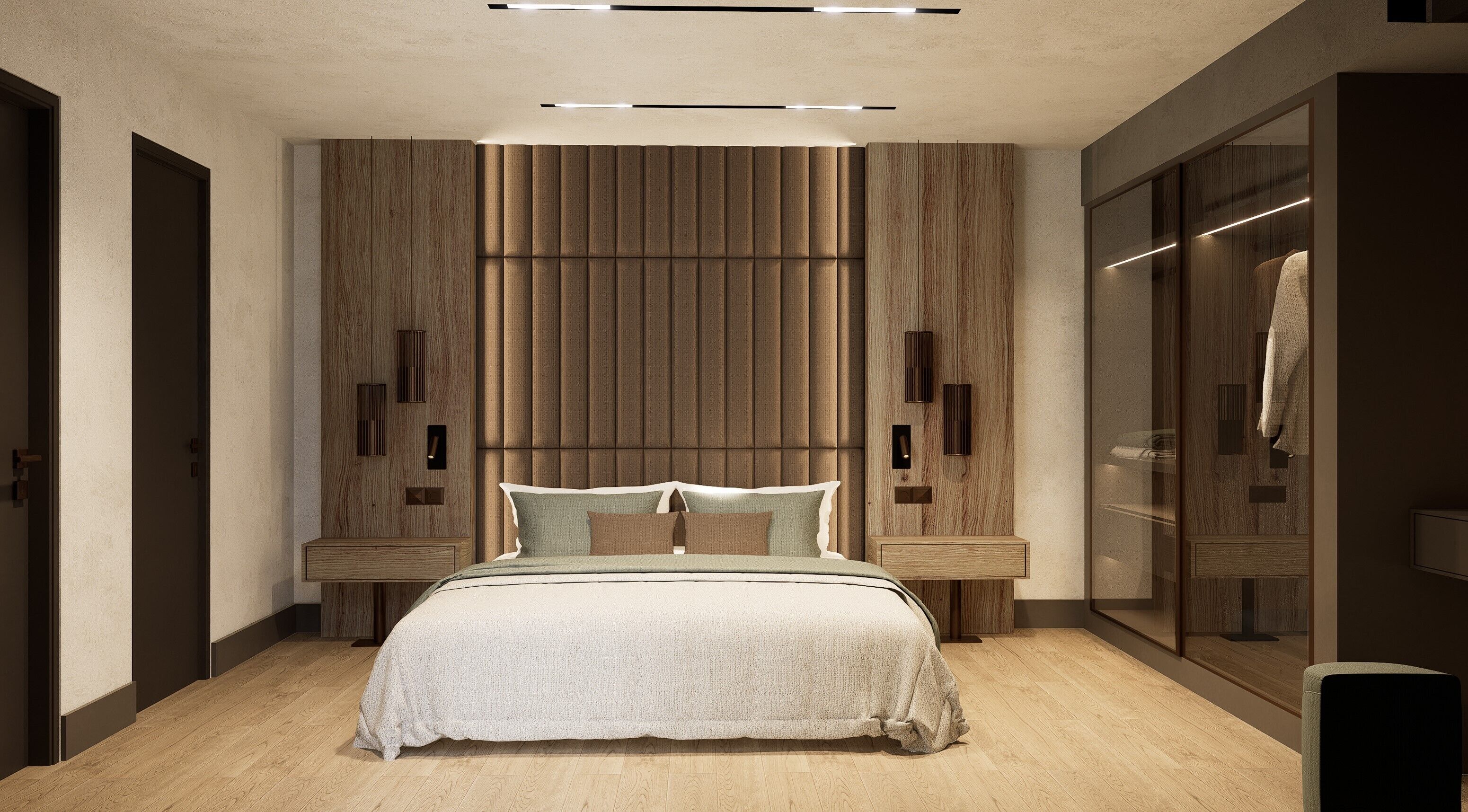 Un dormitorio moderno con una cama grande, panel de pared de madera, armario empotrado y lámparas de noche.