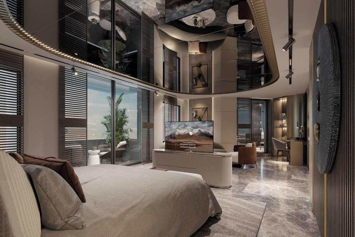 A modern, multi-level bedroom with a large bed, a TV, and a balcony with a view.
