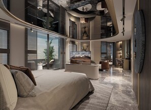 Suite presidencial, 1 cama de matrimonio grande | Ropa de cama de alta calidad y minibar con artículos gratuitos