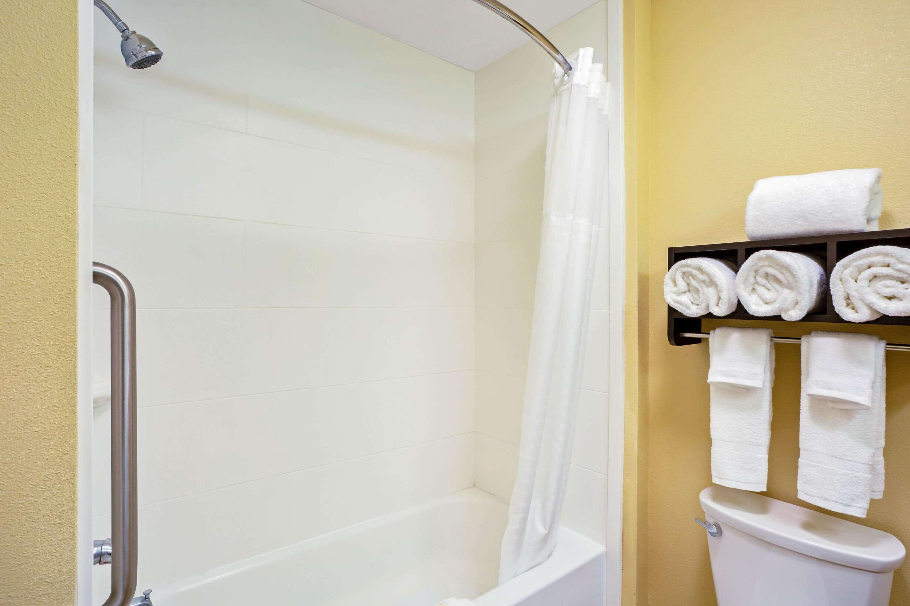 A bathroom with a shower, a toilet, and a shelf with rolled towels.