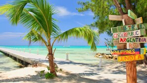 A beach with a wooden signpost listing countries, a palm tree, and a pier extending into the water. - Holiday Inn Resort Grand Cayman by IHG (West Bay)