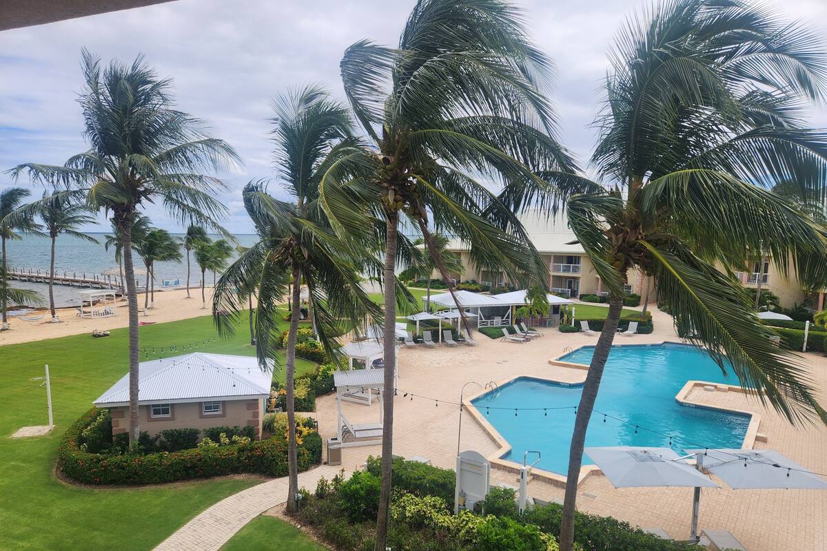 A resort with a swimming pool, palm trees, and a beach.