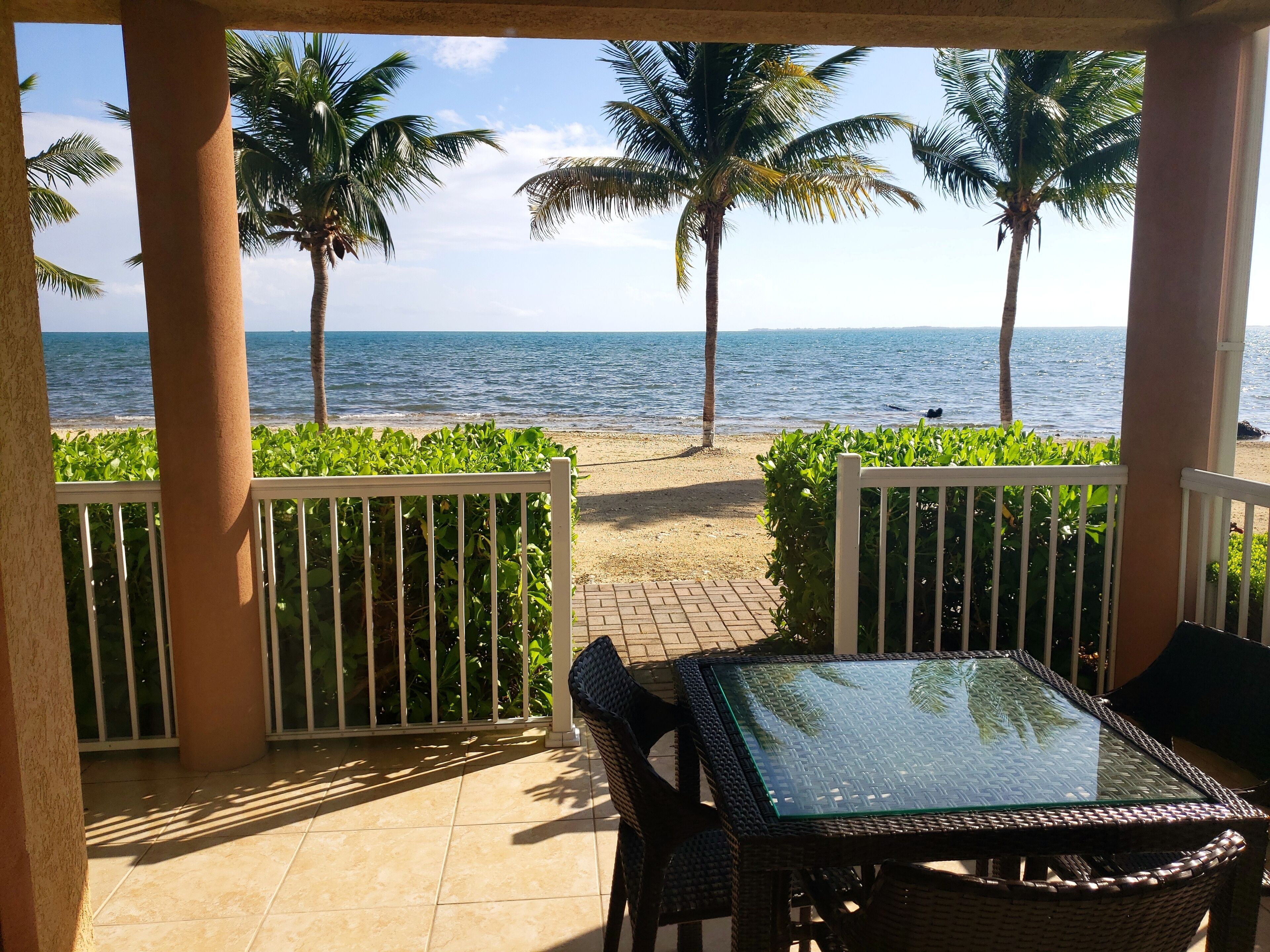 Ein überdachter Außenbereich mit Tisch und Stühlen mit Glasplatte, mit Blick auf einen Strand mit Palmen und dem Meer.