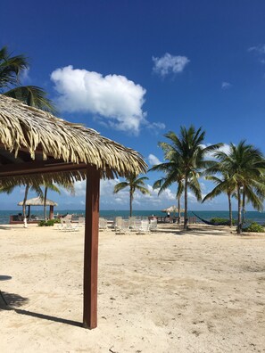 On the beach, white sand, free beach shuttle, free beach cabanas