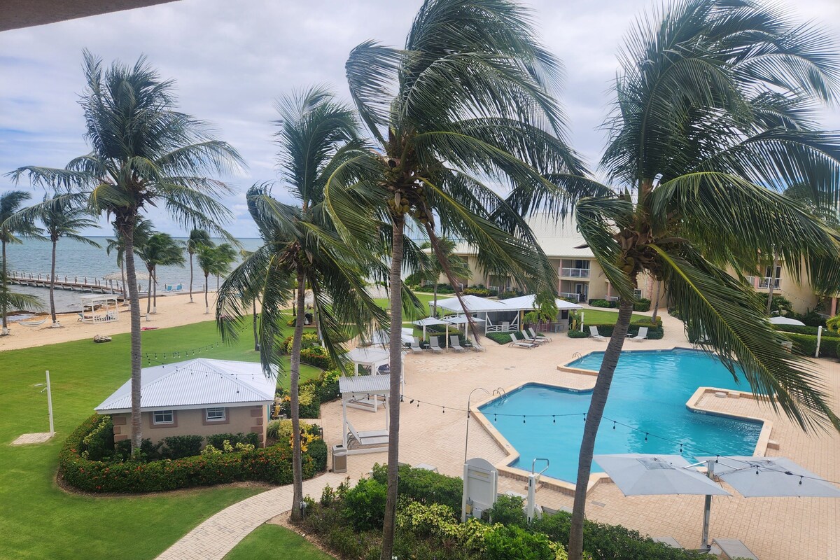 A resort with a swimming pool, palm trees, and a beach.