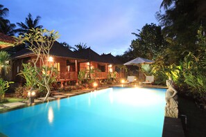 Outdoor pool, pool umbrellas, pool loungers