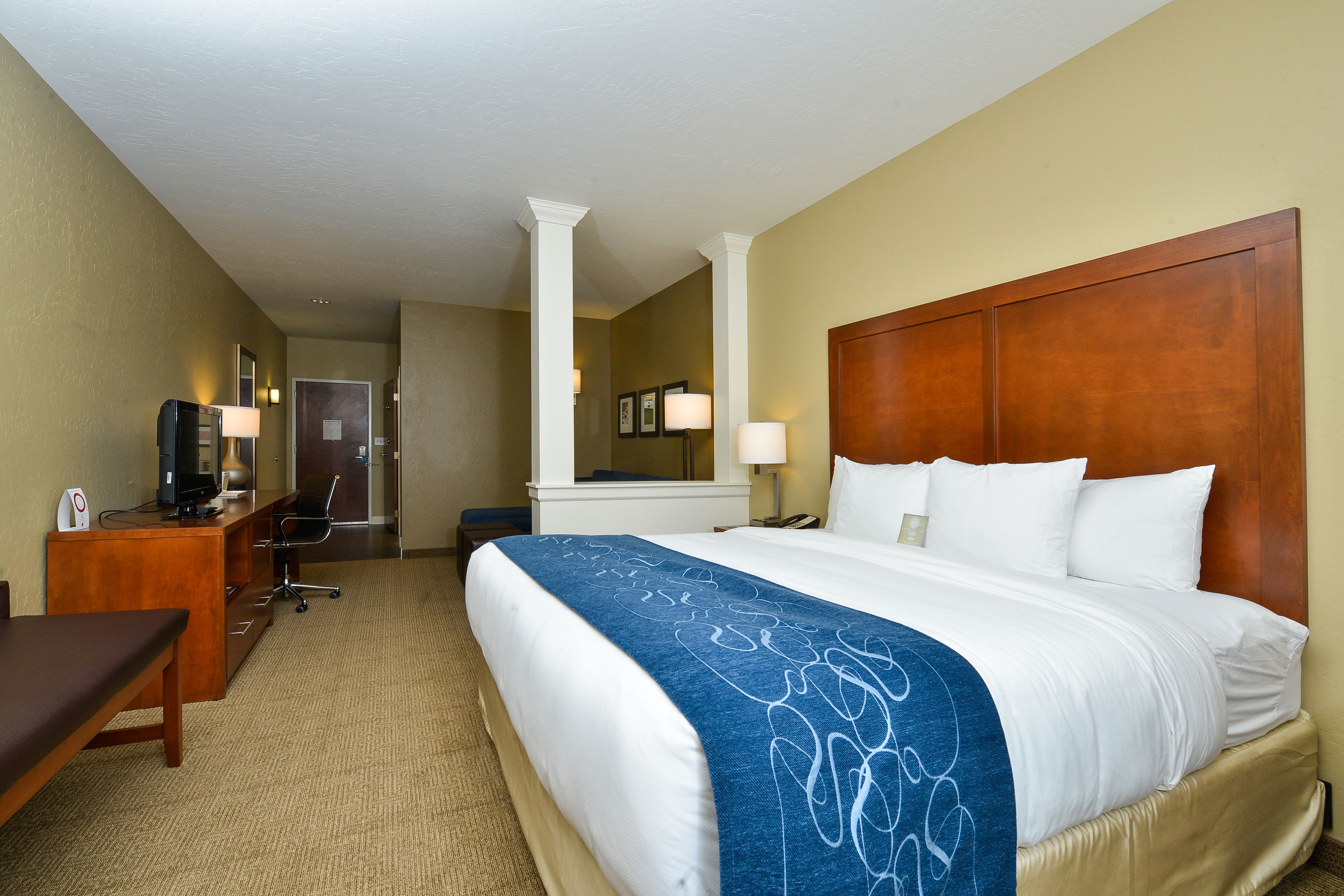 pillow-top beds, desk, blackout curtains, iron/ironing board