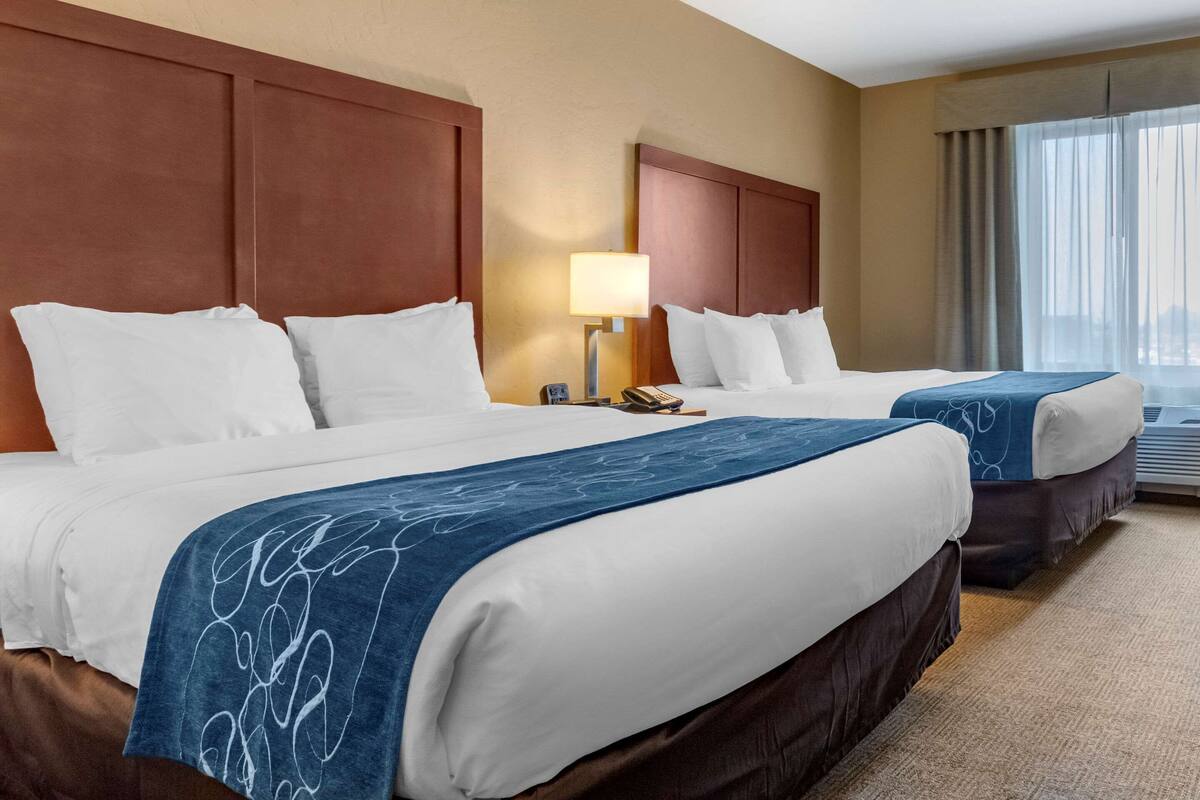 A hotel room with two beds, a nightstand, a lamp, and a view of the city.