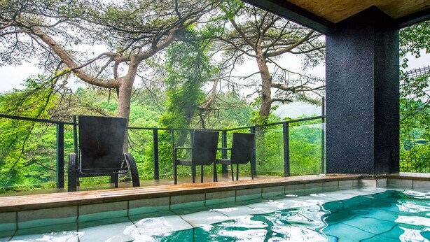 Una piscina con agua cristalina, rodeada por una cubierta de madera y una barandilla de metal.