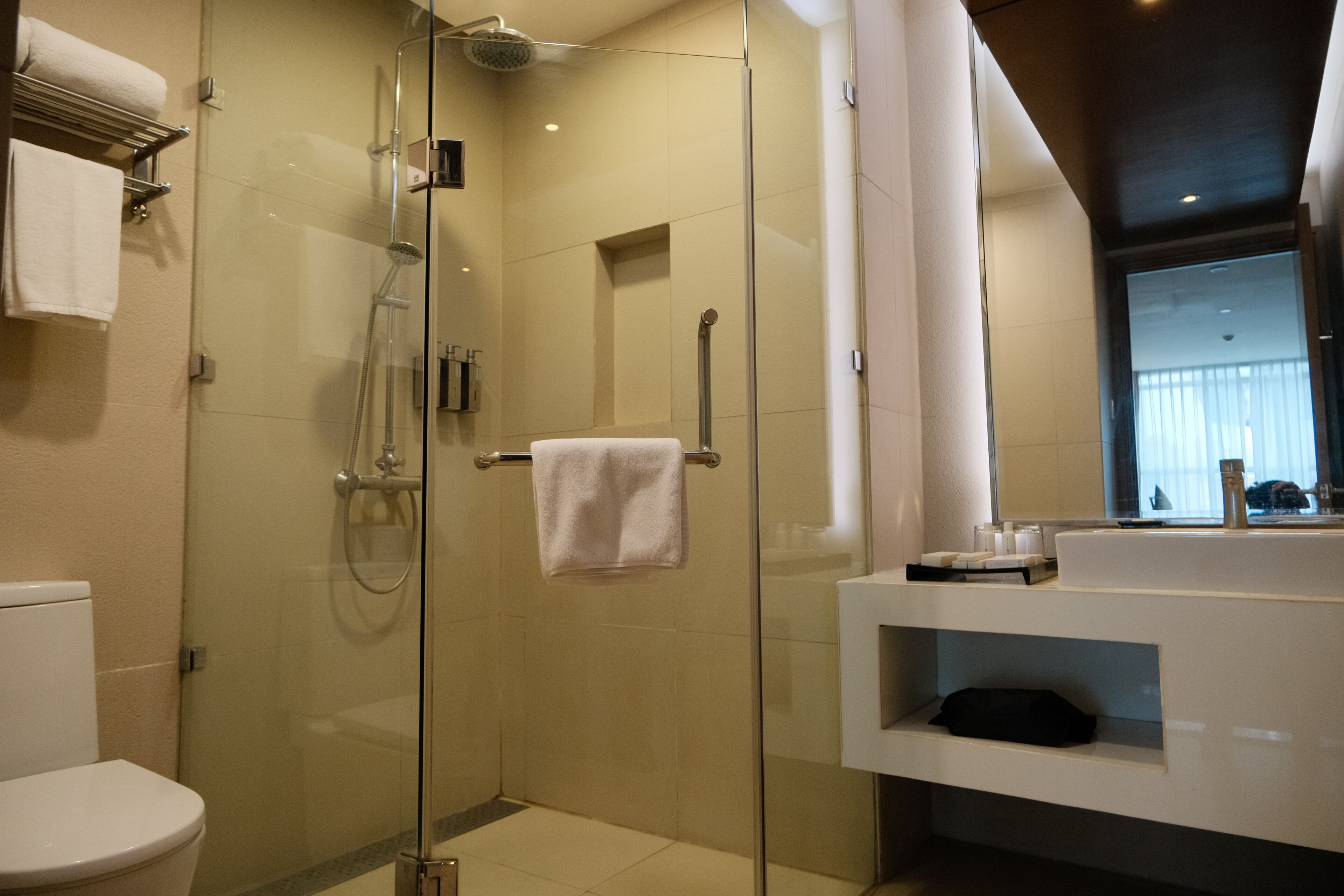 A modern bathroom with a glass-enclosed shower, a white toilet, and a vanity with a mirror.