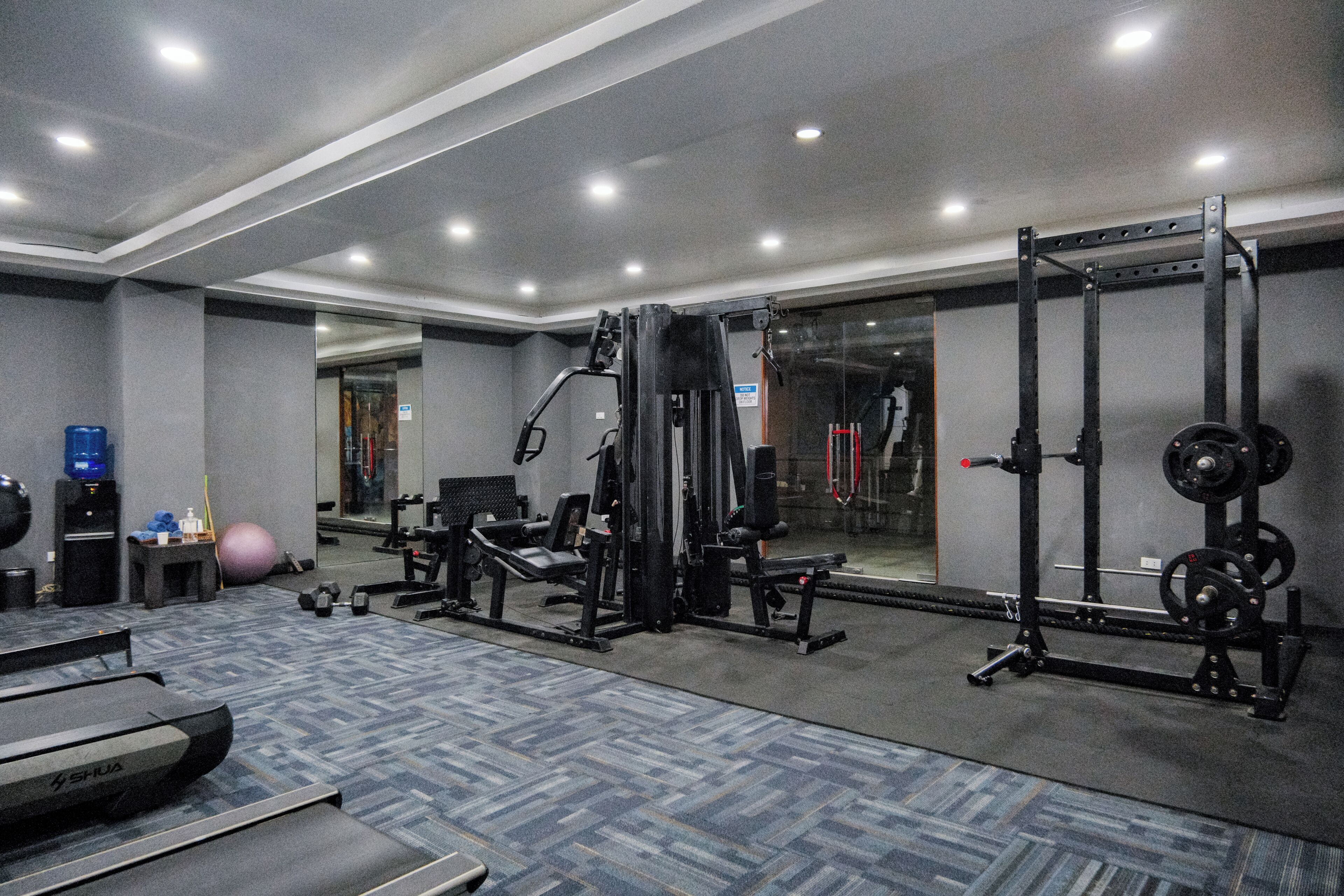 A gym with treadmills, weight machines, and free weights.