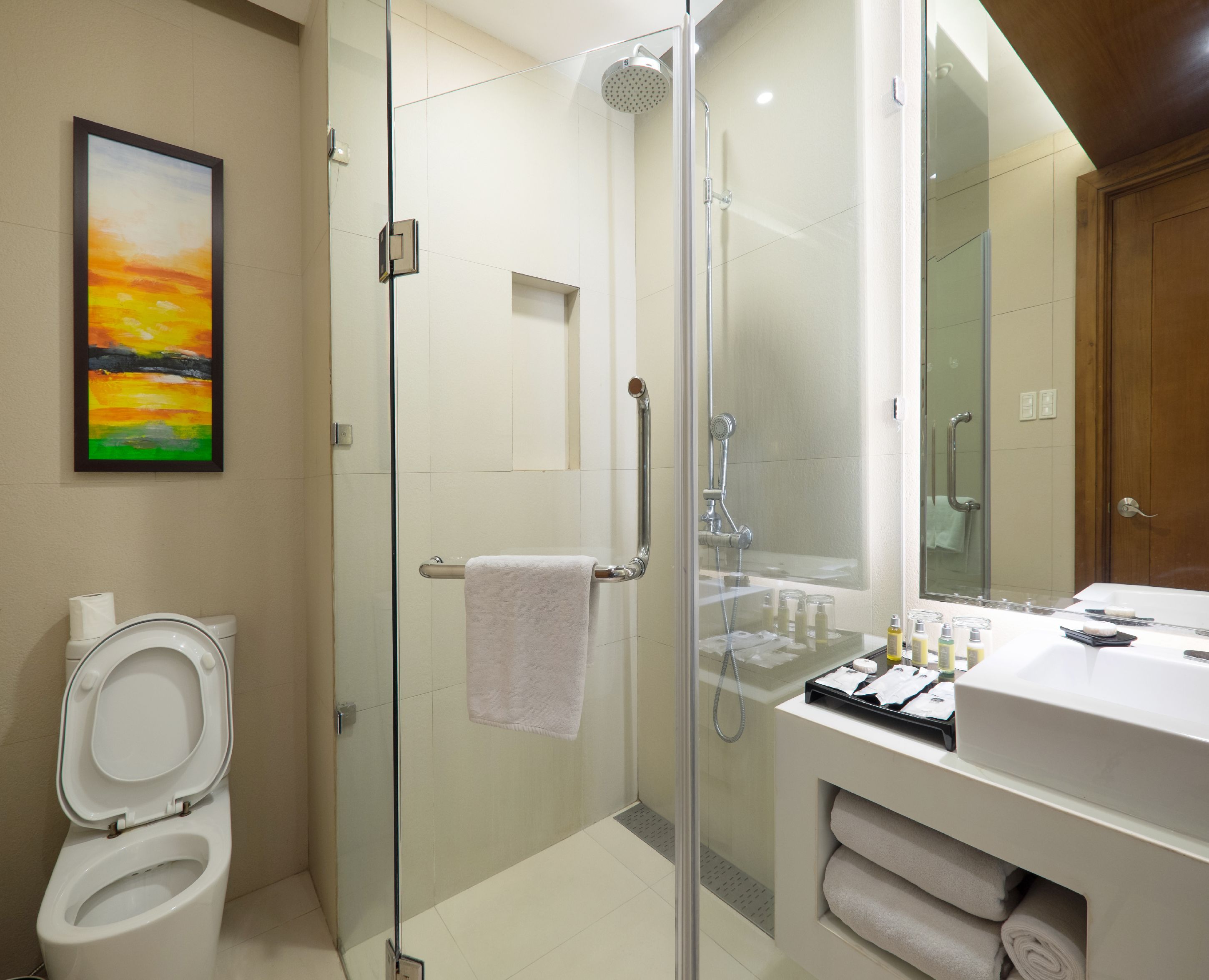 shower, rainfall showerhead, free toiletries, hair dryer