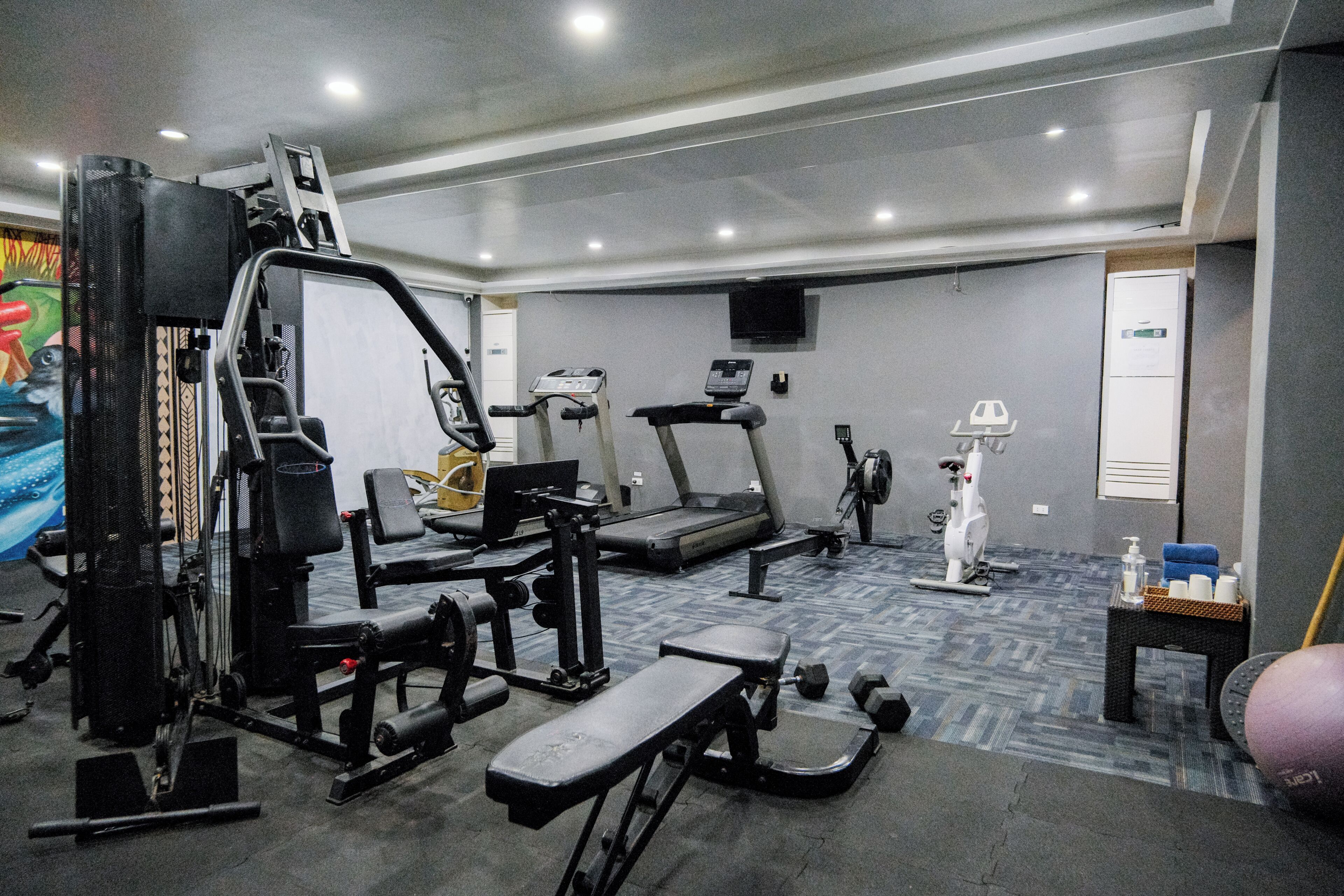 A gym with various exercise equipment, a treadmill, and a stationary bike.