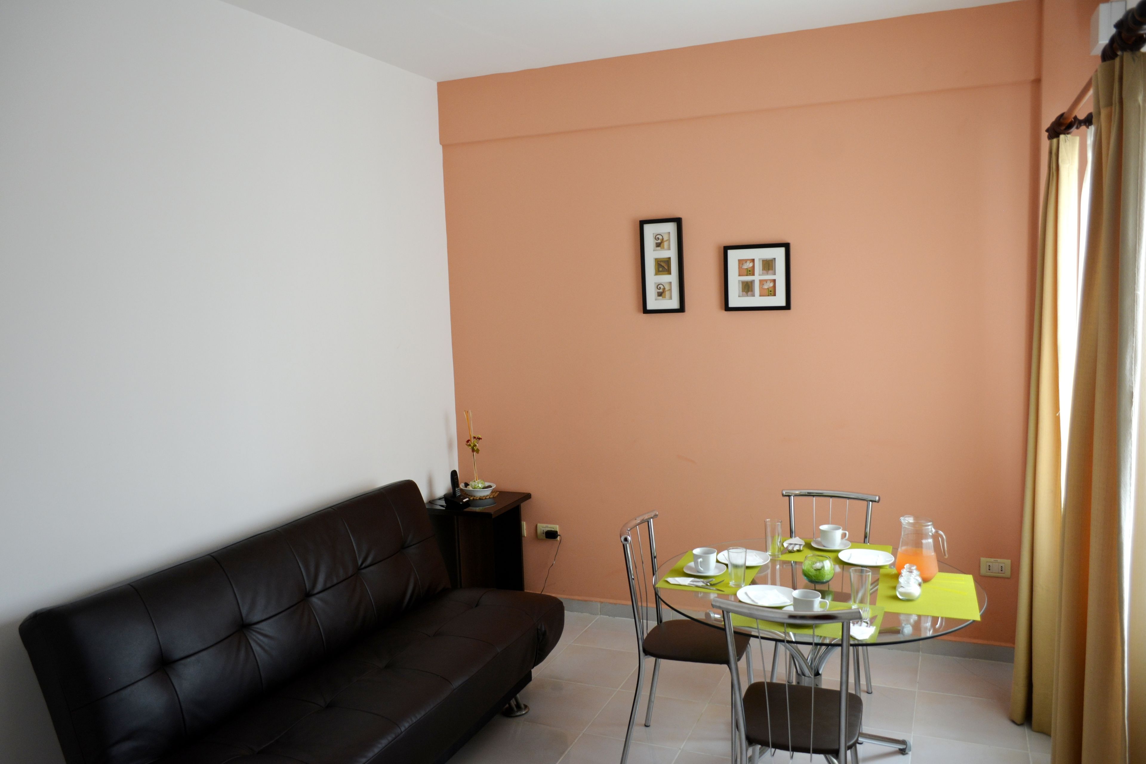A living room with a brown leather sofa, a glass dining table with chairs, and a small side table with a plant.