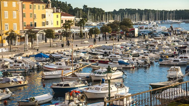 A marina with numerous boats docked, surrounded by buildings and trees. - Residence La Carera (Rovinj)