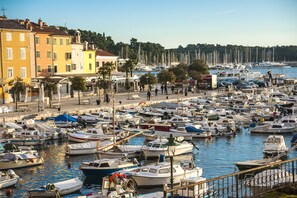 A marina with numerous boats docked, surrounded by buildings and trees. - Residence La Carera (Rovinj)