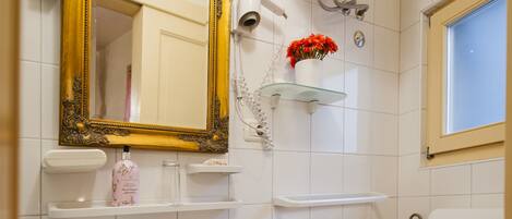 A bathroom with a white sink, a toilet, a mirror, and a shower head.