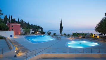 Outdoor pool, pool umbrellas, pool loungers