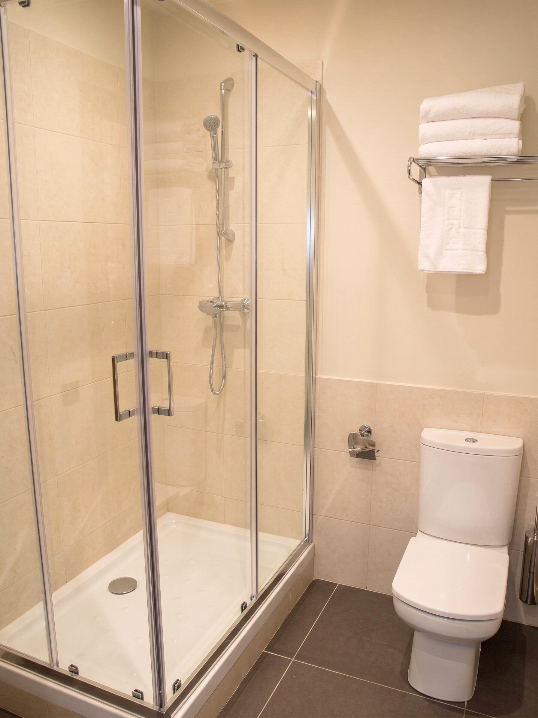 A bathroom with a glass-enclosed shower, a white toilet, and a towel rack with folded towels.