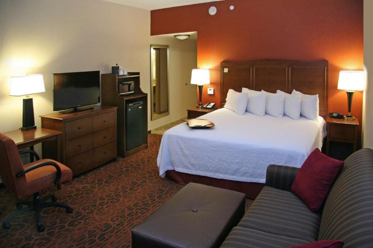 Habitación de hotel con una cama, dos mesitas de noche con lámparas, un escritorio con televisor, una silla, un sofá y una alfombra estampada.
