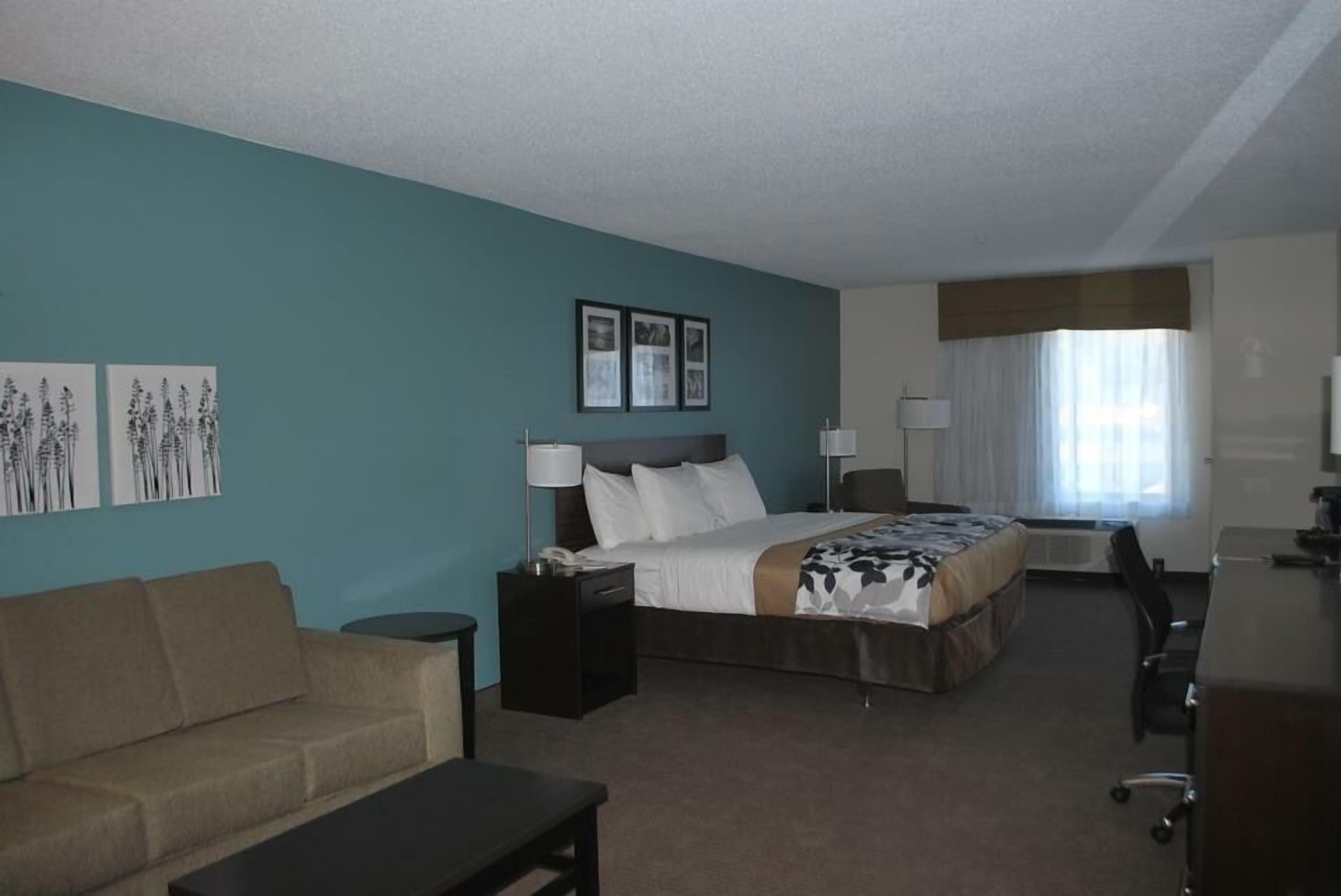 A hotel room with a bed, a desk, a chair, a sofa, and artwork on the walls.