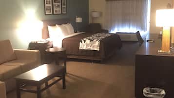 A hotel room with a bed, a sofa, a desk, a lamp, and a trash bin.