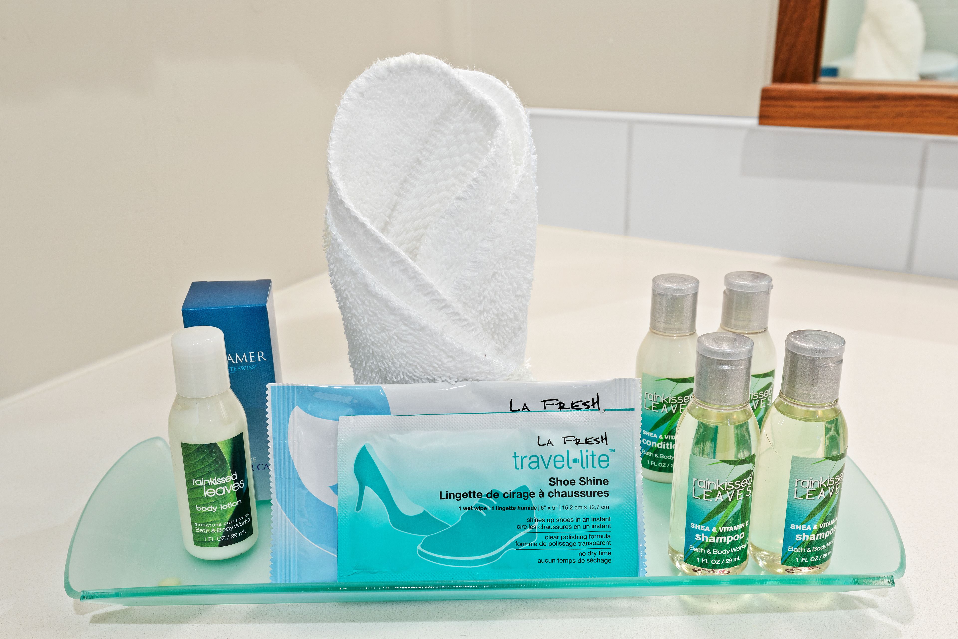 combined shower/bathtub, free toiletries, hair dryer, towels