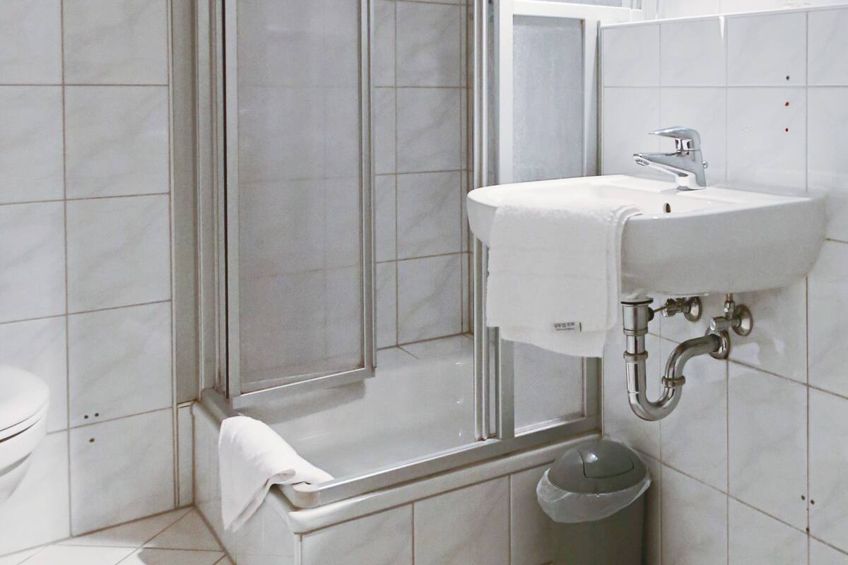 standard double room | bathroom | shower, free toiletries, hair dryer, towels