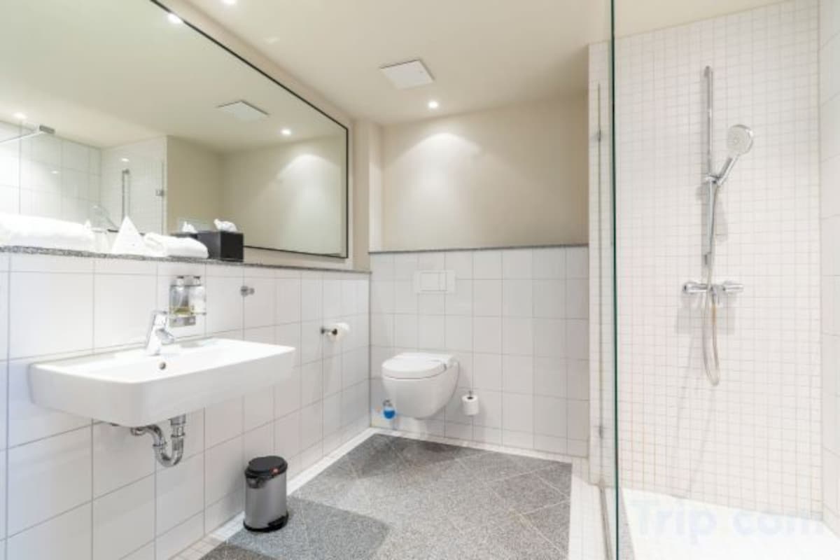Shower, designer toiletries, hair dryer, towels